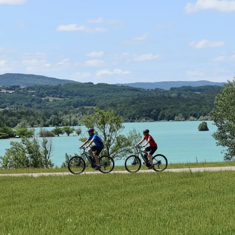 Deux cyclistes longeant les eaux turquoise du lac de Montbel, Pyrénées en arrière-plan